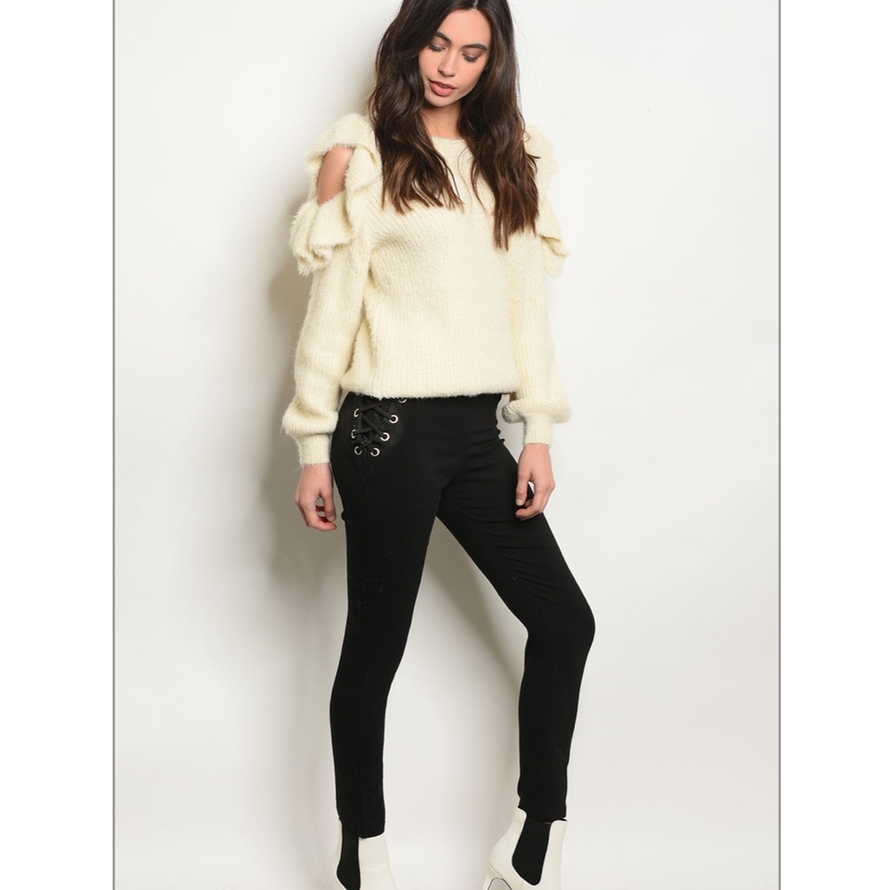 Black Lace Up Side Zip Back Pants - Picture 3 of 6